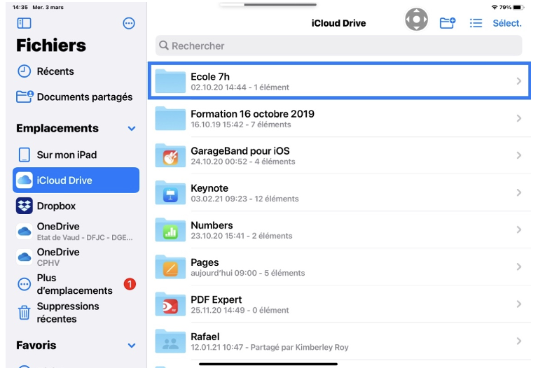 Capture d'écran du dossier iCloud Drive sur iPad